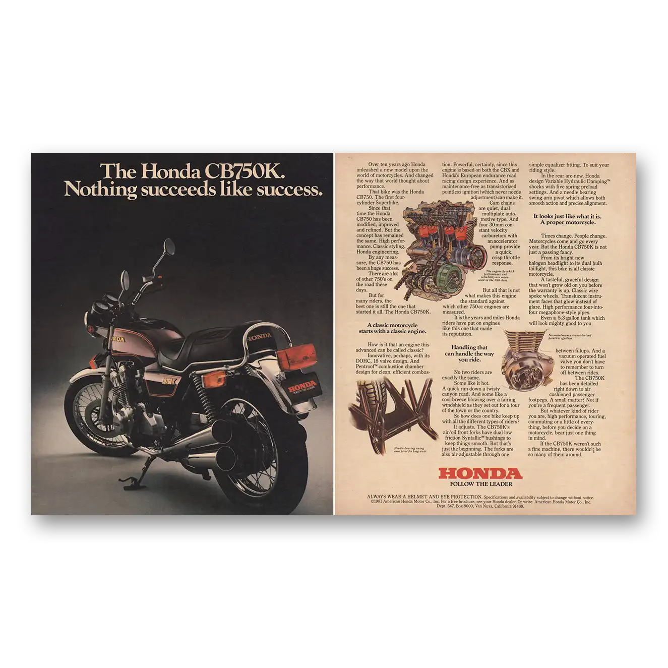 1981 Honda Motorcycle CB750K Nothing Succeeds Like Success Vintage Magazine Print Ad