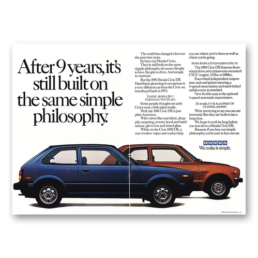 1980 Honda Civic After 9 Years Still Built On the Same Simple Philosophy Vintage Magazine Print Ad