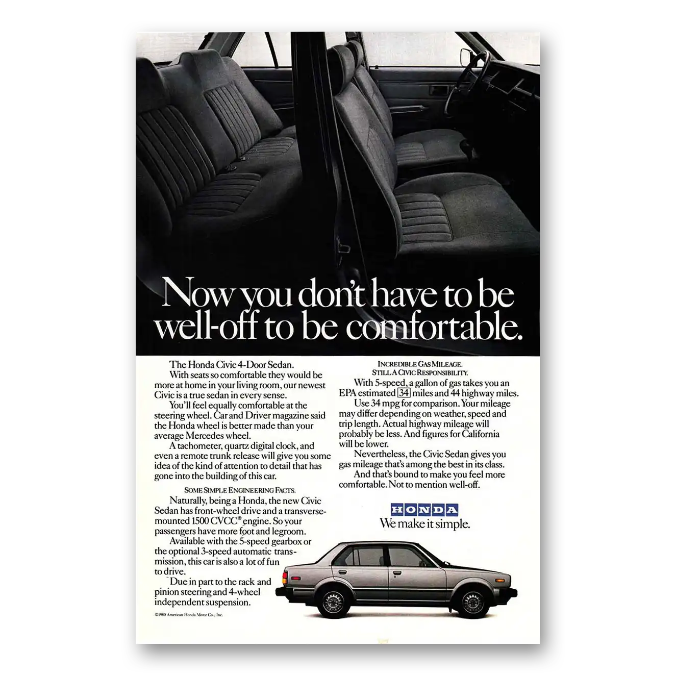 1981 Honda Civic Well Off Interior Vintage Magazine Print Ad