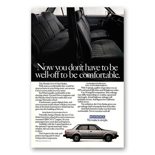 1981 Honda Civic Well Off Interior Vintage Magazine Print Ad