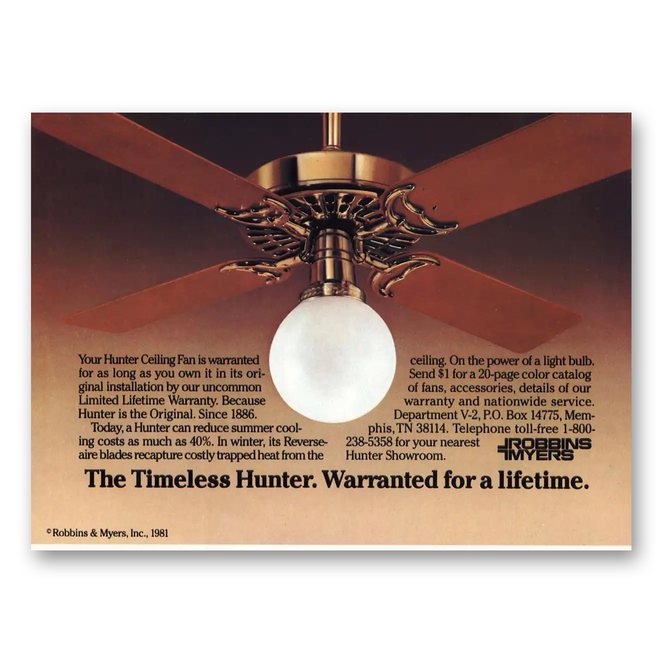 1981 Hunter Fans Timeless Warranteed for a Lifetime Vintage Magazine Print Ad