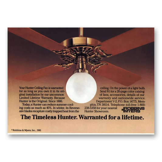 1981 Hunter Fans Timeless Warranteed for a Lifetime Vintage Magazine Print Ad