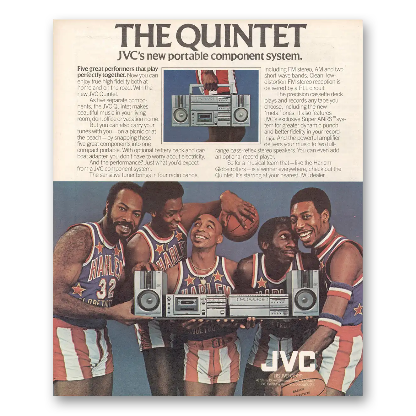 1981 JVC Component System Quintet Harlem Globetrotters Vintage Magazine Print Ad