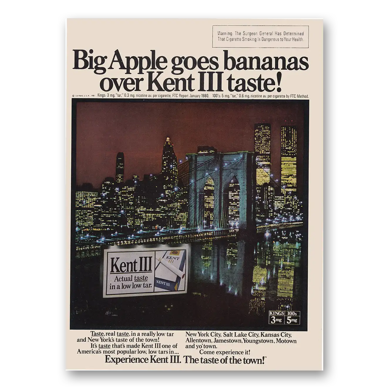 1981 Kent Cigarettes Big Apple Goes Bananas Vintage Magazine Print Ad