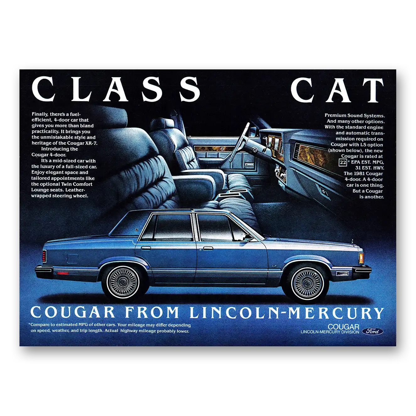 1981 Mercury Cougar Class Cat Vintage Magazine Print Ad