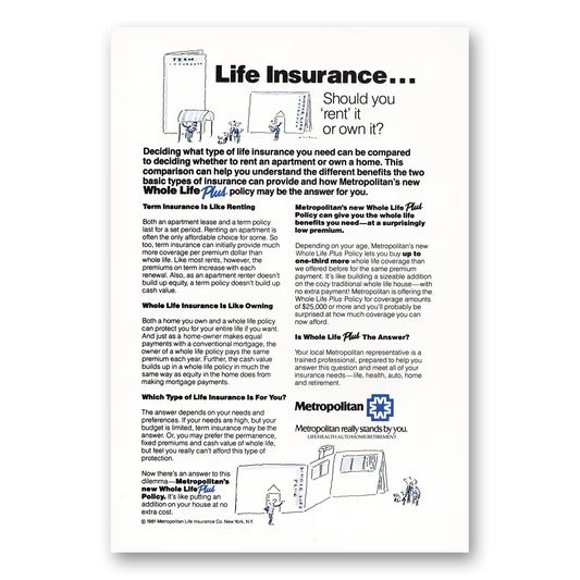 1981 Metropolitan Life Insurance Should You Rent It or Own Vintage Magazine Print Ad