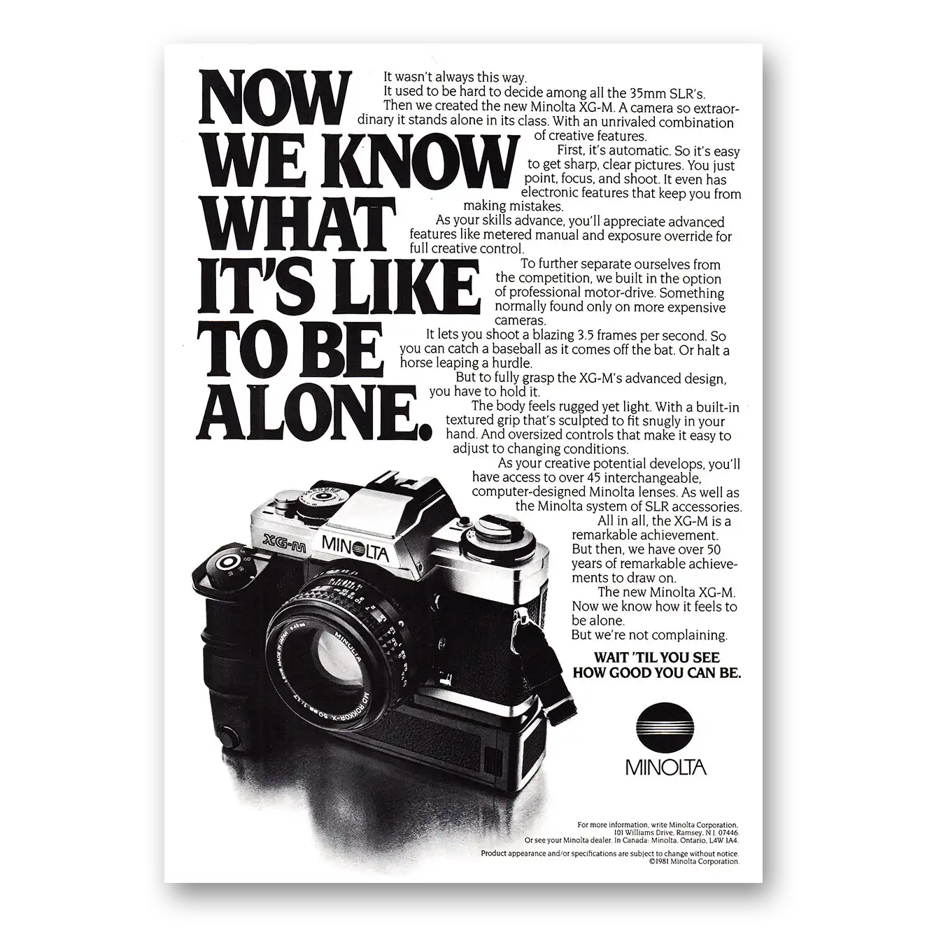 1981 Minolta Camera Now We Know What Its Like to be Alone Vintage Magazine Print Ad