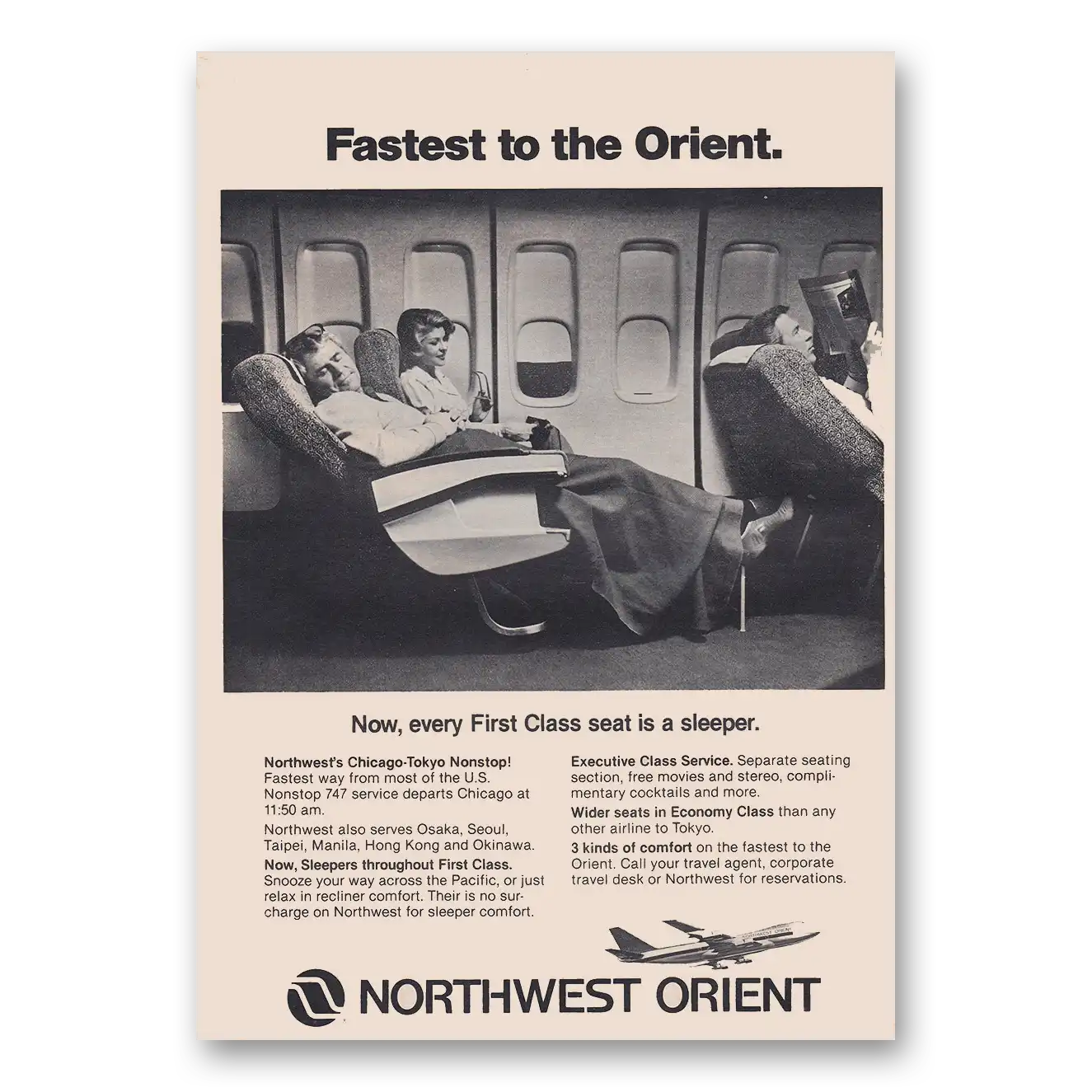 1981 Northwest Orient Airlines Every First Class Seat Is a Sleeper Vintage Magazine Print Ad