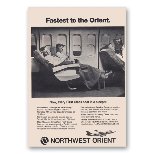 1981 Northwest Orient Airlines Every First Class Seat Is a Sleeper Vintage Magazine Print Ad