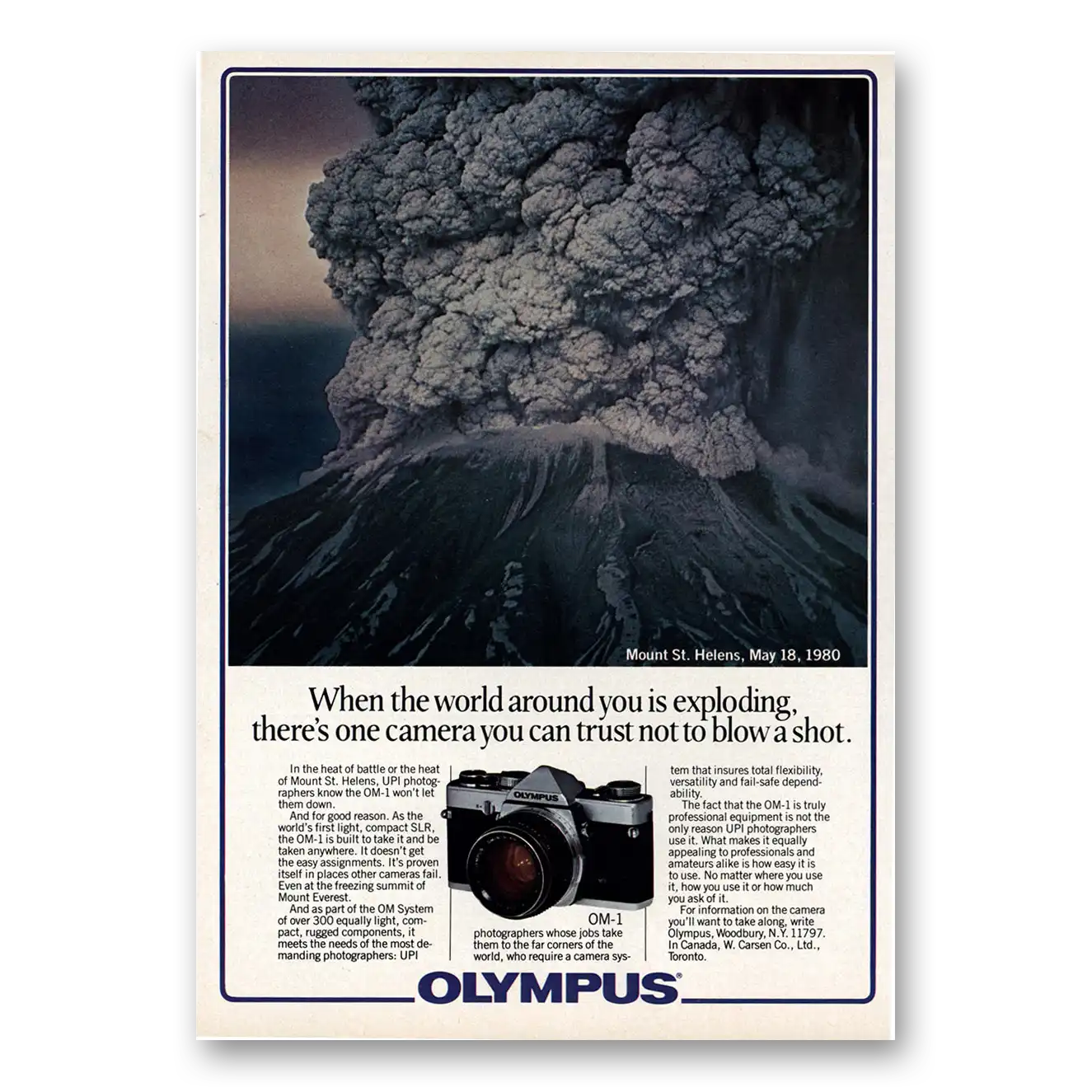 1981 Olympus Camera Mount St Helens World Around You Is Exploding Vintage Magazine Print Ad