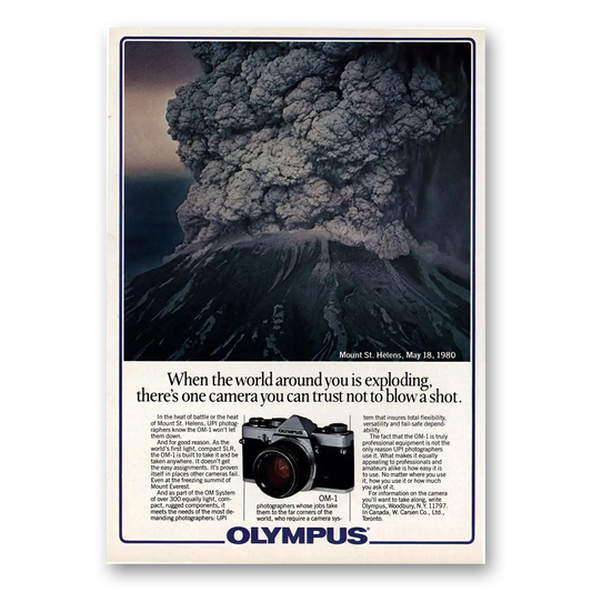 1981 Olympus Camera Mount St Helens World Around You Is Exploding Vintage Magazine Print Ad