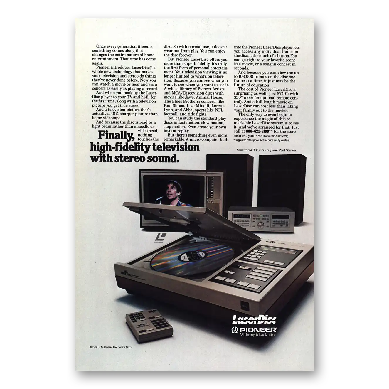 1981 Pioneer LaserDisc Paul Simon High Fidelity Television Vintage Magazine Print Ad