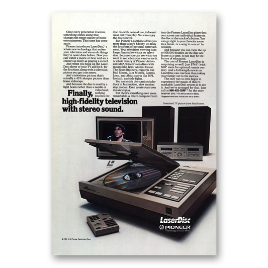 1981 Pioneer LaserDisc Paul Simon High Fidelity Television Vintage Magazine Print Ad