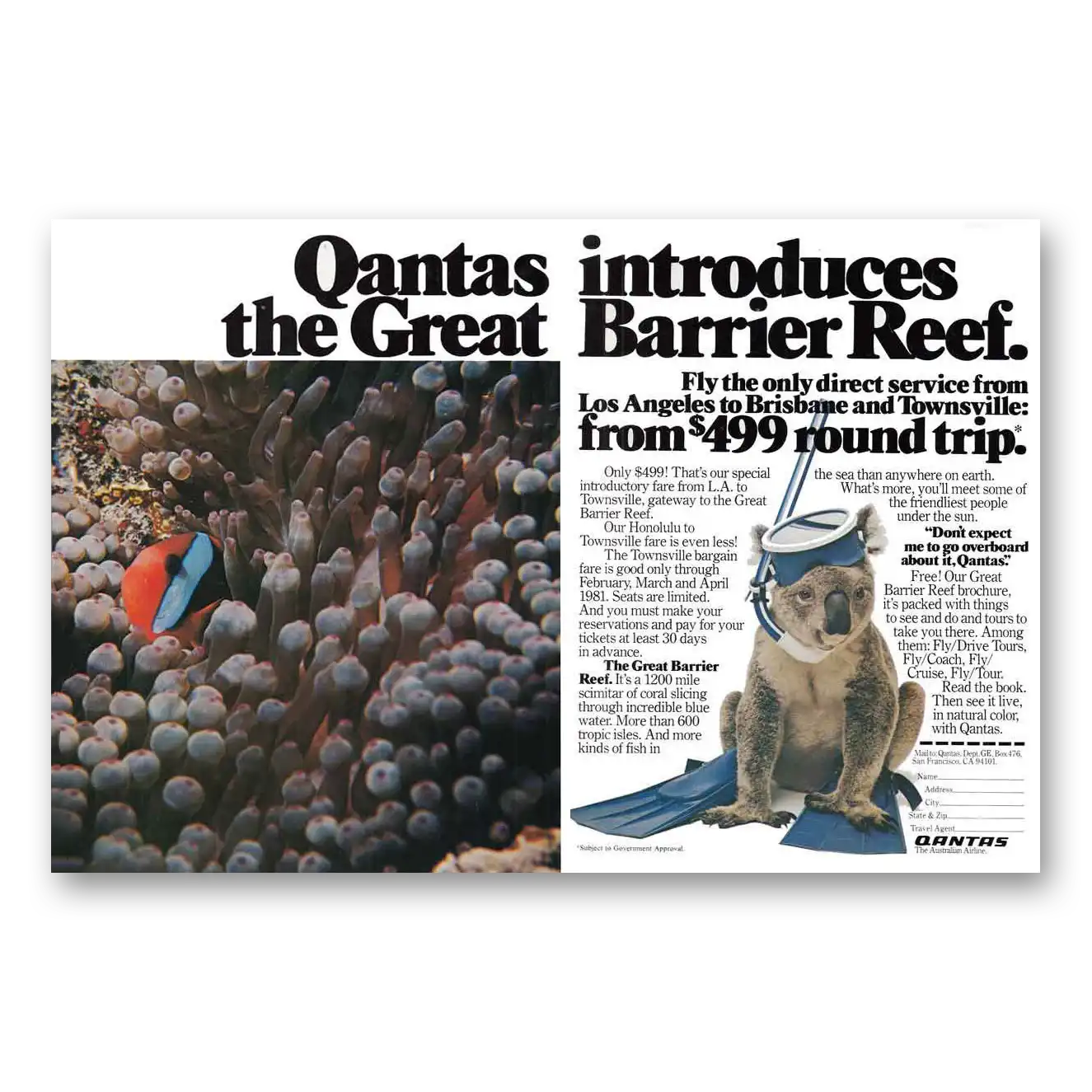 1981 Qantas Airlines Great Barrier Reef Vintage Magazine Print Ad