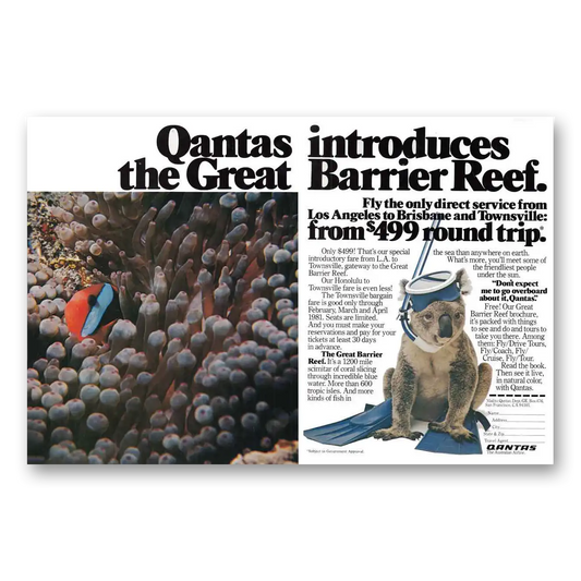 1981 Qantas Airlines Great Barrier Reef Vintage Magazine Print Ad