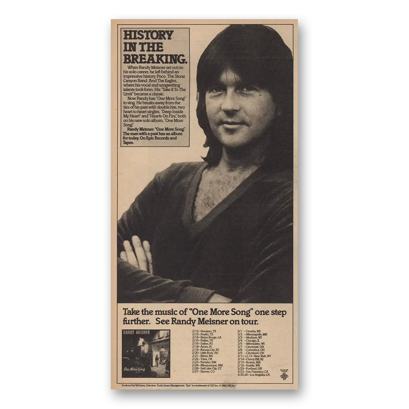 1981 Randy Meisner One More Song Vintage Magazine Print Ad