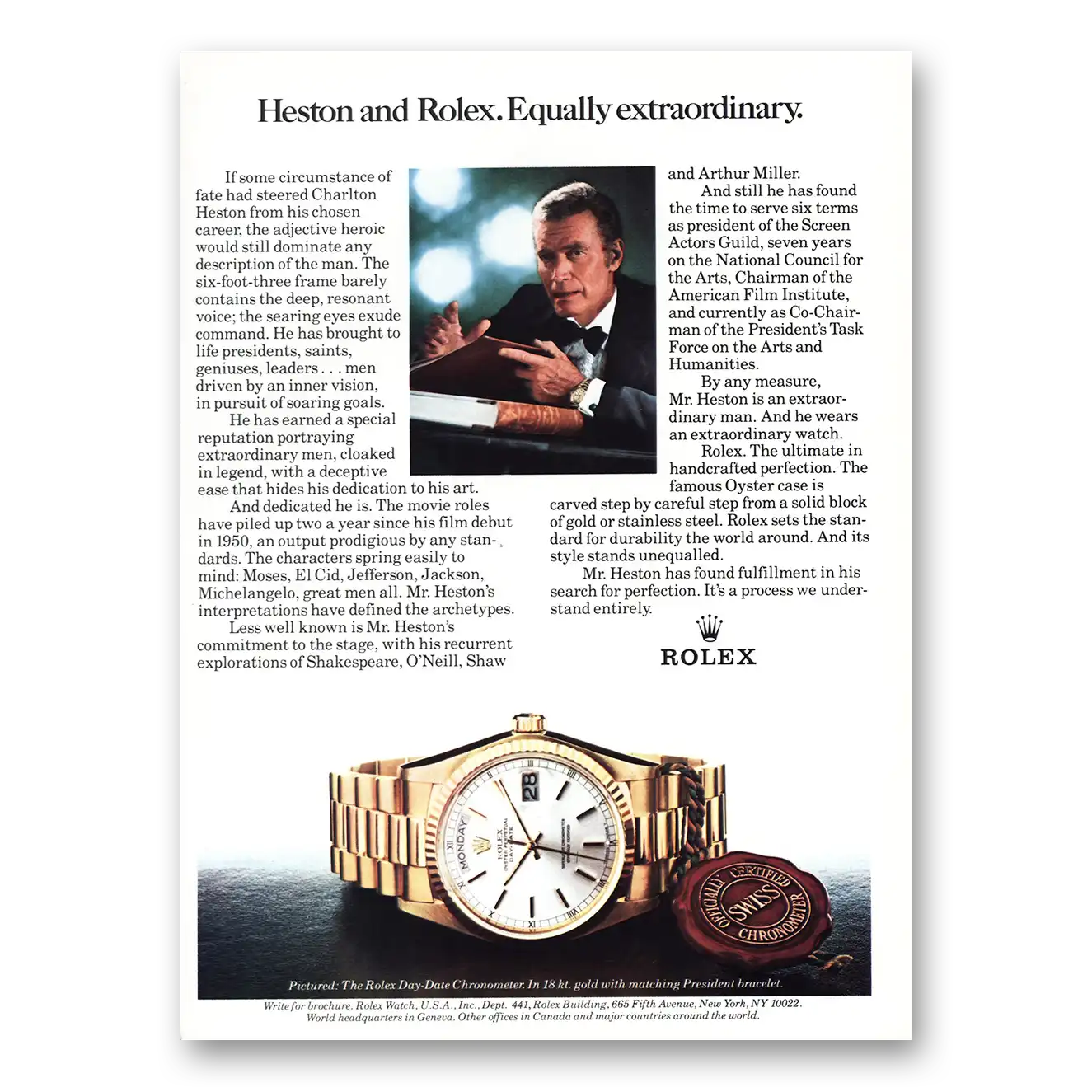 1981 Rolex Heston and Rolex Vintage Magazine Print Ad