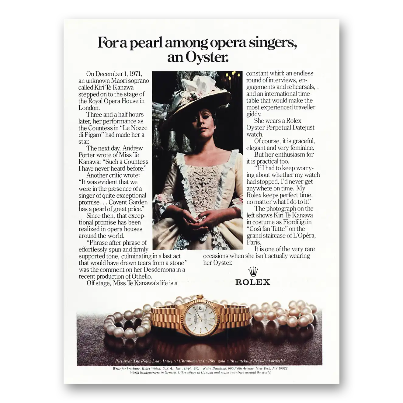 1981 Rolex Pearl Among Opera Singers Oyster Kiri Te Kanawa Vintage Magazine Print Ad