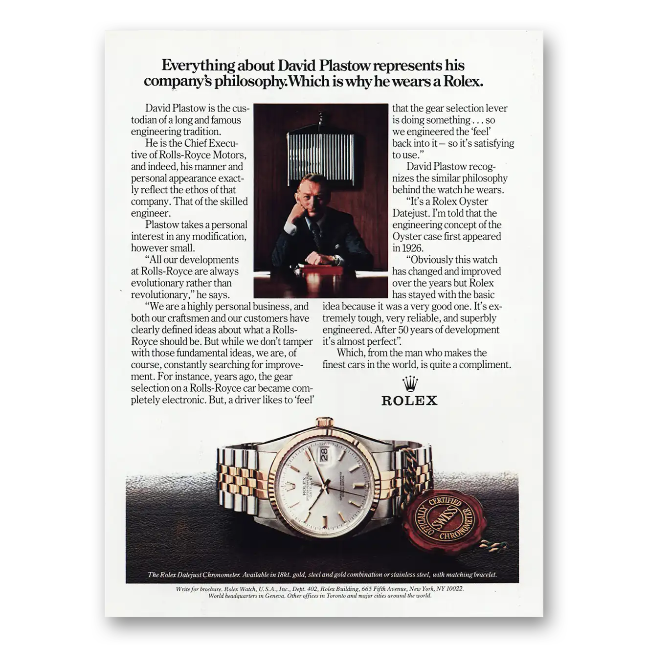 1981 Rolex Datejust David Pastow Represents His Companys Philosophy Vintage Magazine Print Ad