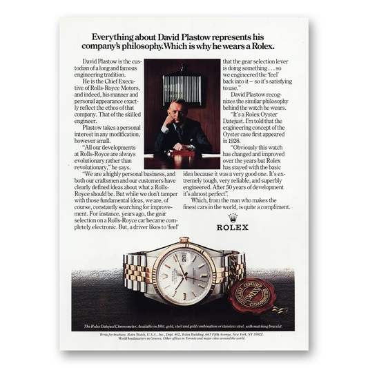 1981 Rolex Datejust David Pastow Represents His Companys Philosophy Vintage Magazine Print Ad