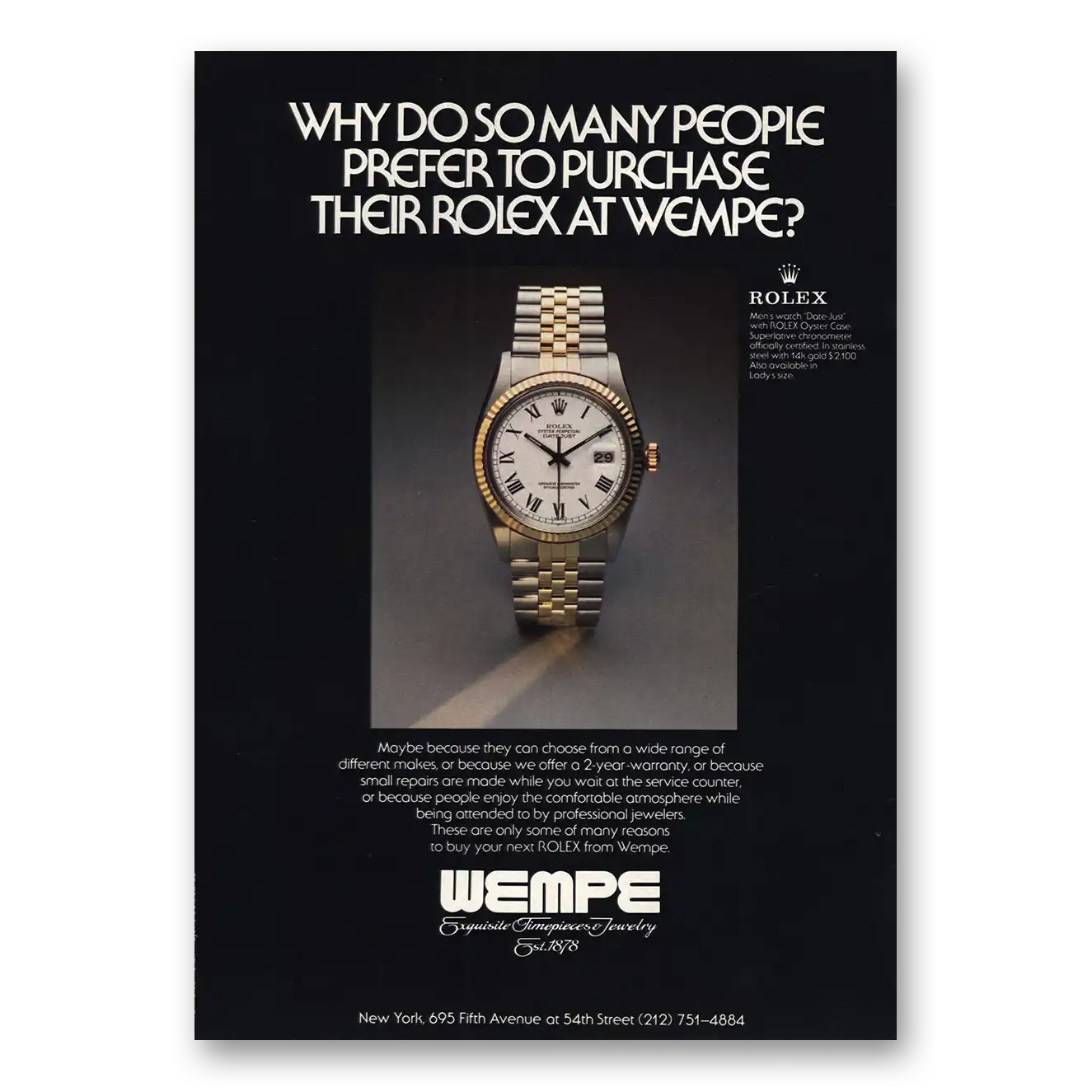 1981 Rolex Purchase Their Rolex at Wempe Vintage Magazine Print Ad