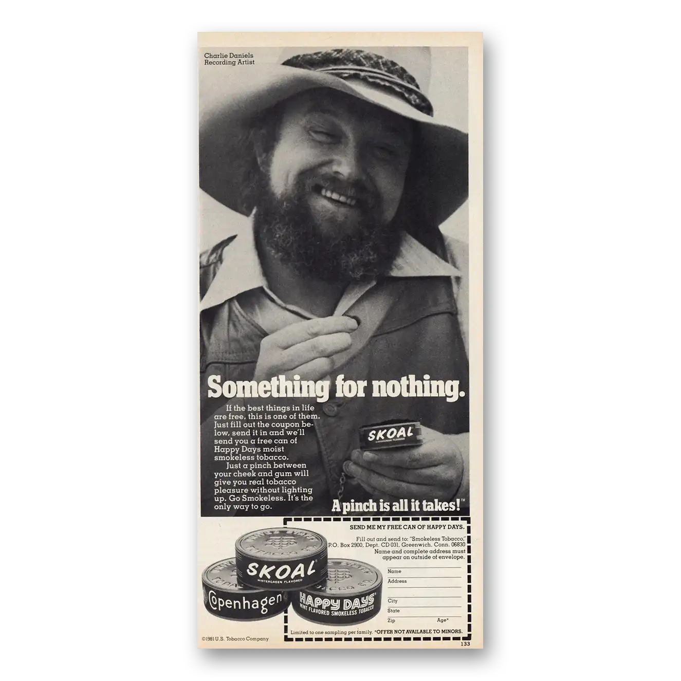 1981 Skoal Smokeless Tobacco Charlie Daniels Vintage Magazine Print Ad