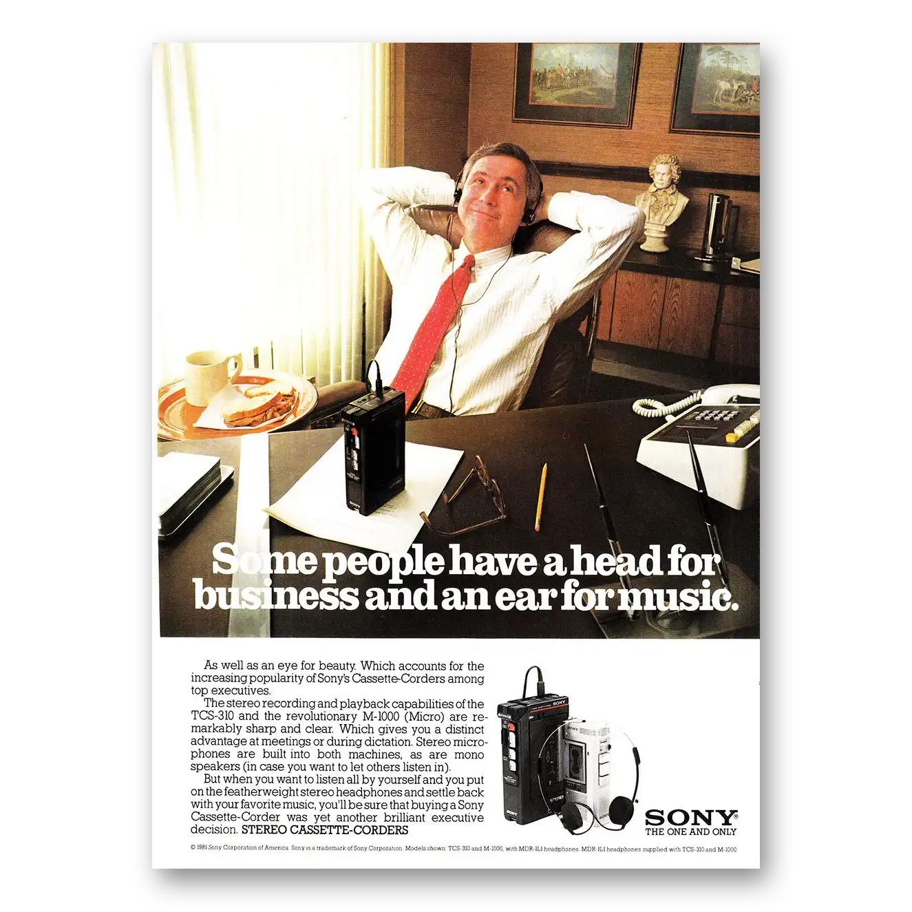 1981 Sony Cassette Corder Head for Business and an Ear for Music Vintage Magazine Print Ad