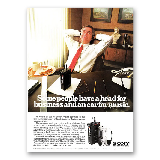 1981 Sony Cassette Corder Head for Business and an Ear for Music Vintage Magazine Print Ad