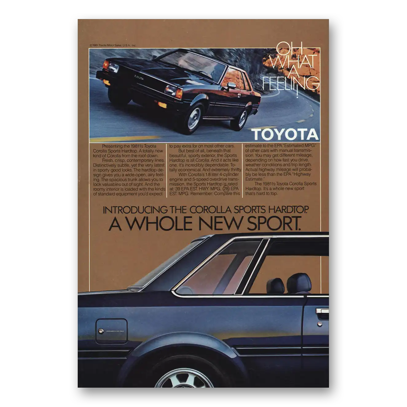 1981 Toyota Corolla Whole New Sport Vintage Magazine Print Ad