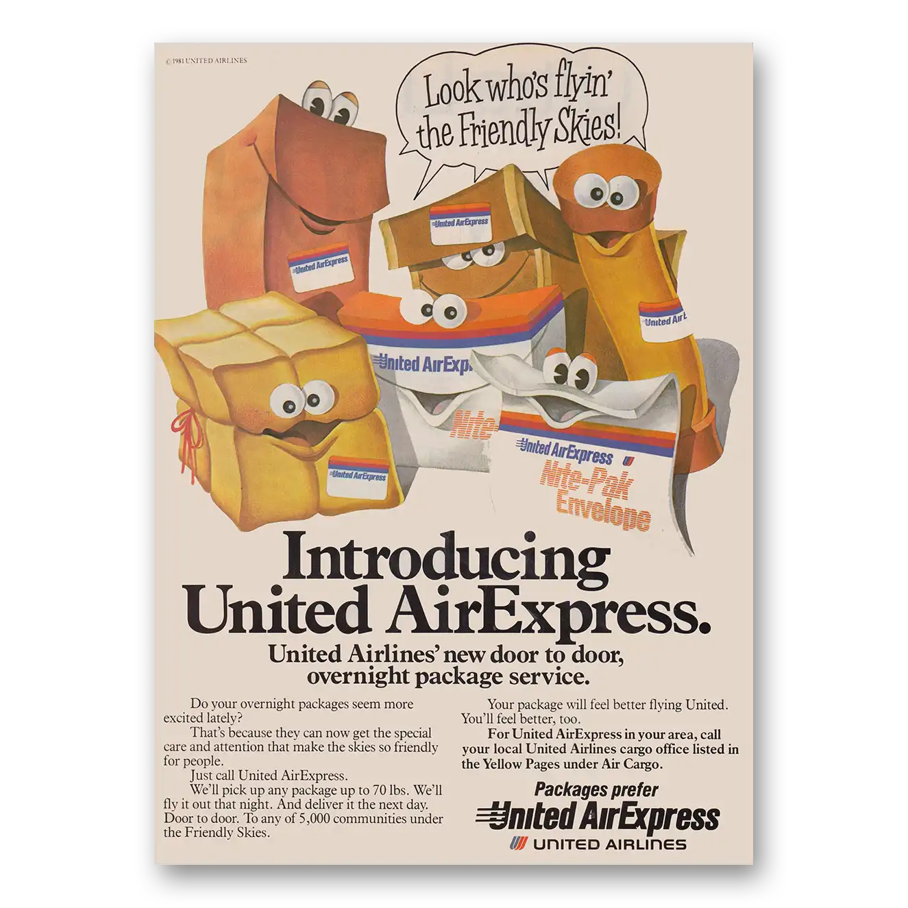 1981 United Airlines Air Express Look Whos Flyin the Friendly Skies Vintage Magazine Print Ad