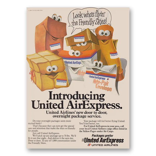 1981 United Airlines Air Express Look Whos Flyin the Friendly Skies Vintage Magazine Print Ad