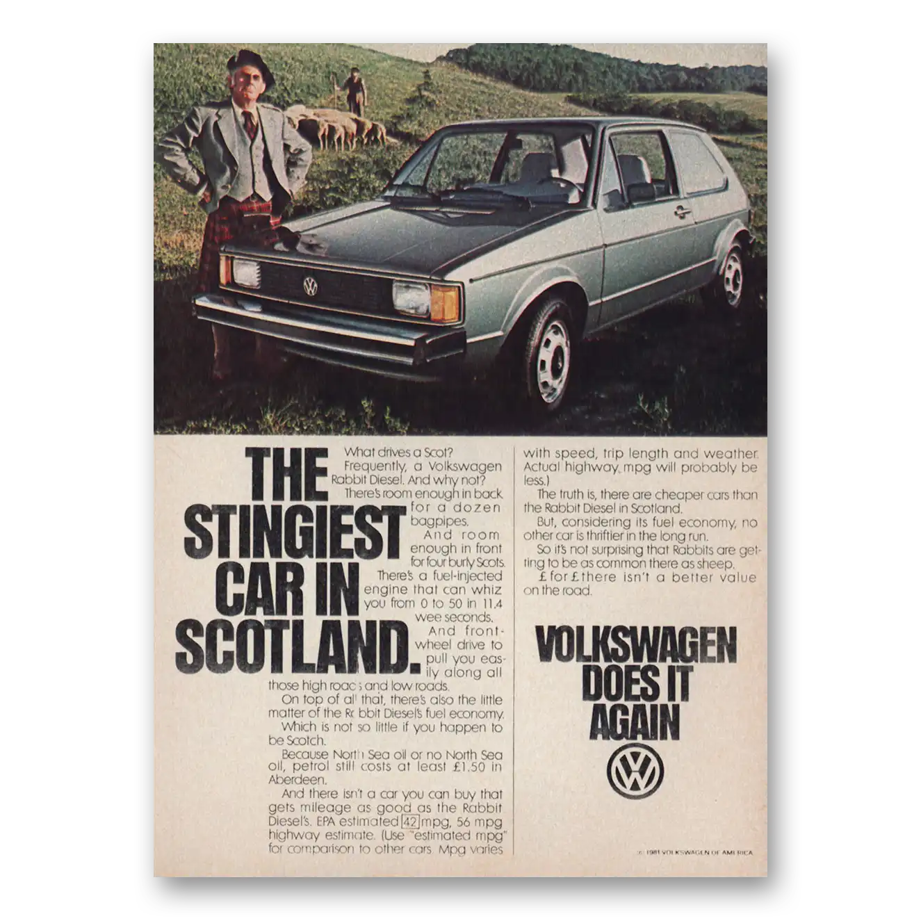 1981 Volkswagen Rabbit Stingiest Car In Scotland Vintage Magazine Print Ad