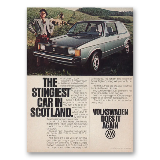 1981 Volkswagen Rabbit Stingiest Car In Scotland Vintage Magazine Print Ad