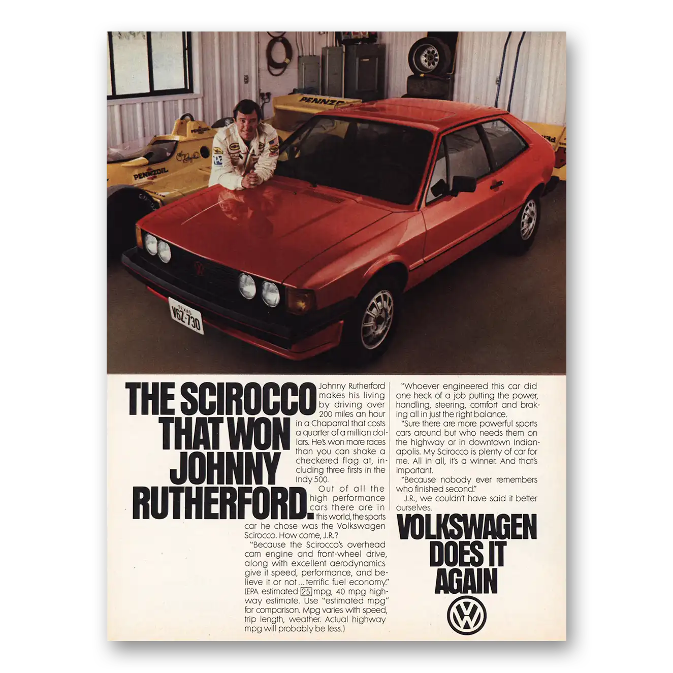 1981 Volkswagen Scirocco Johnny Rutherford Vintage Magazine Print Ad