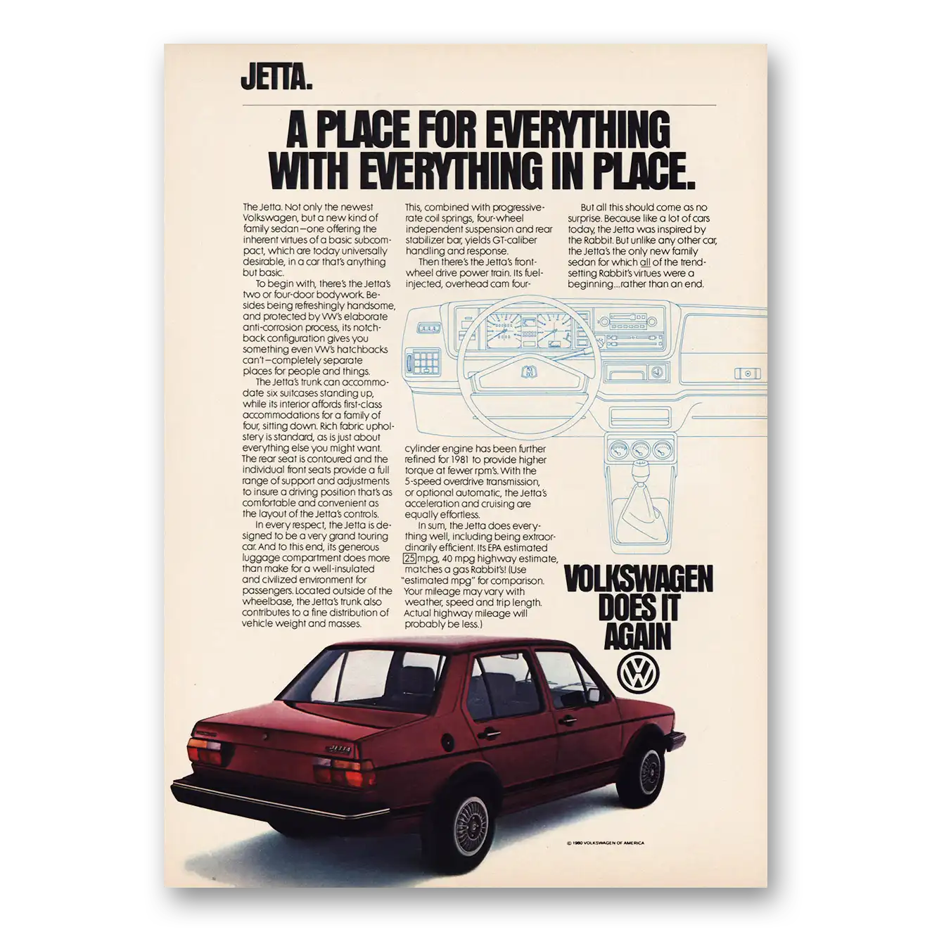 1981 Volkswagen Jetta Place for Everything Vintage Magazine Print Ad