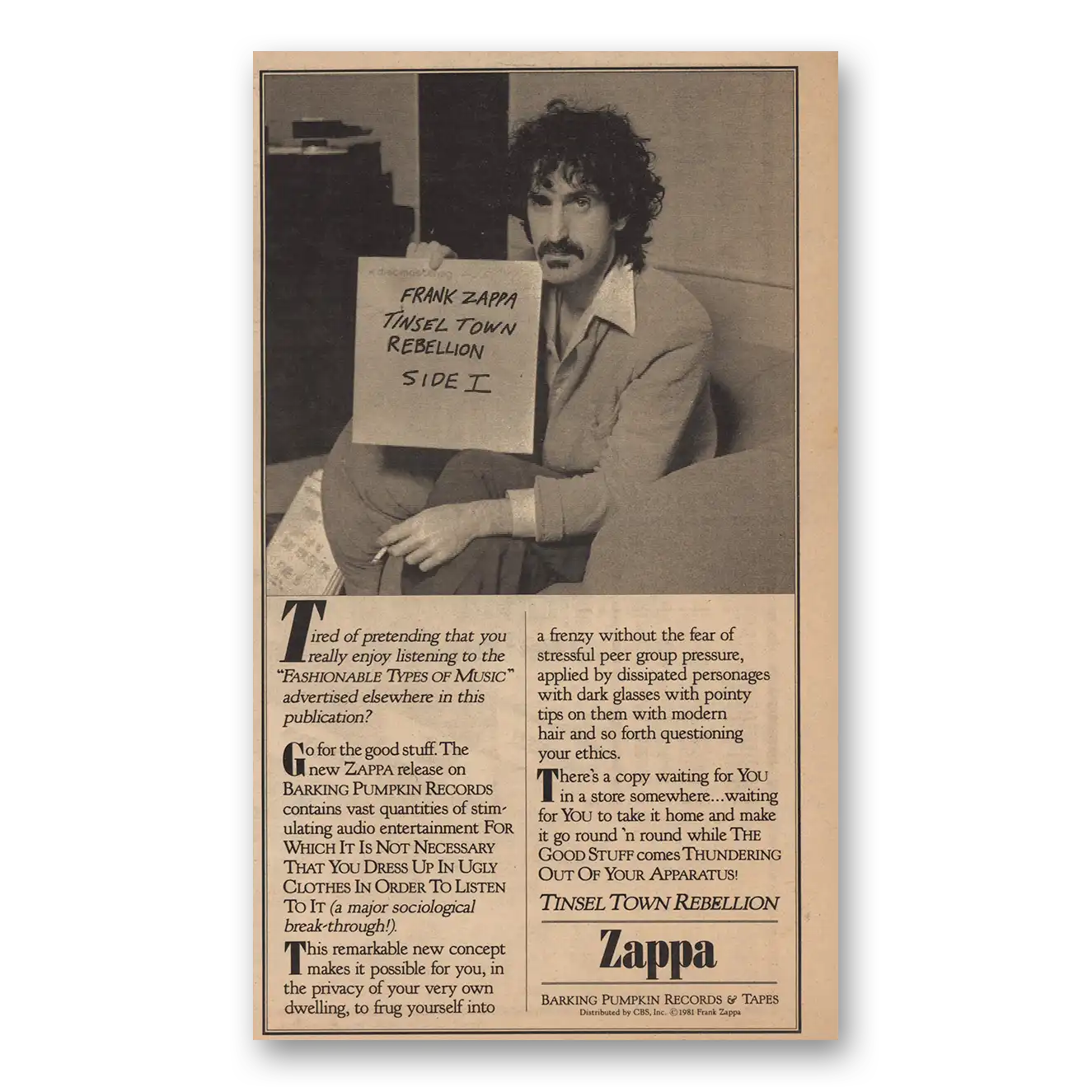 1981 Frank Zappa Promo Tinsel Town Rebellion Vintage Magazine Print Ad