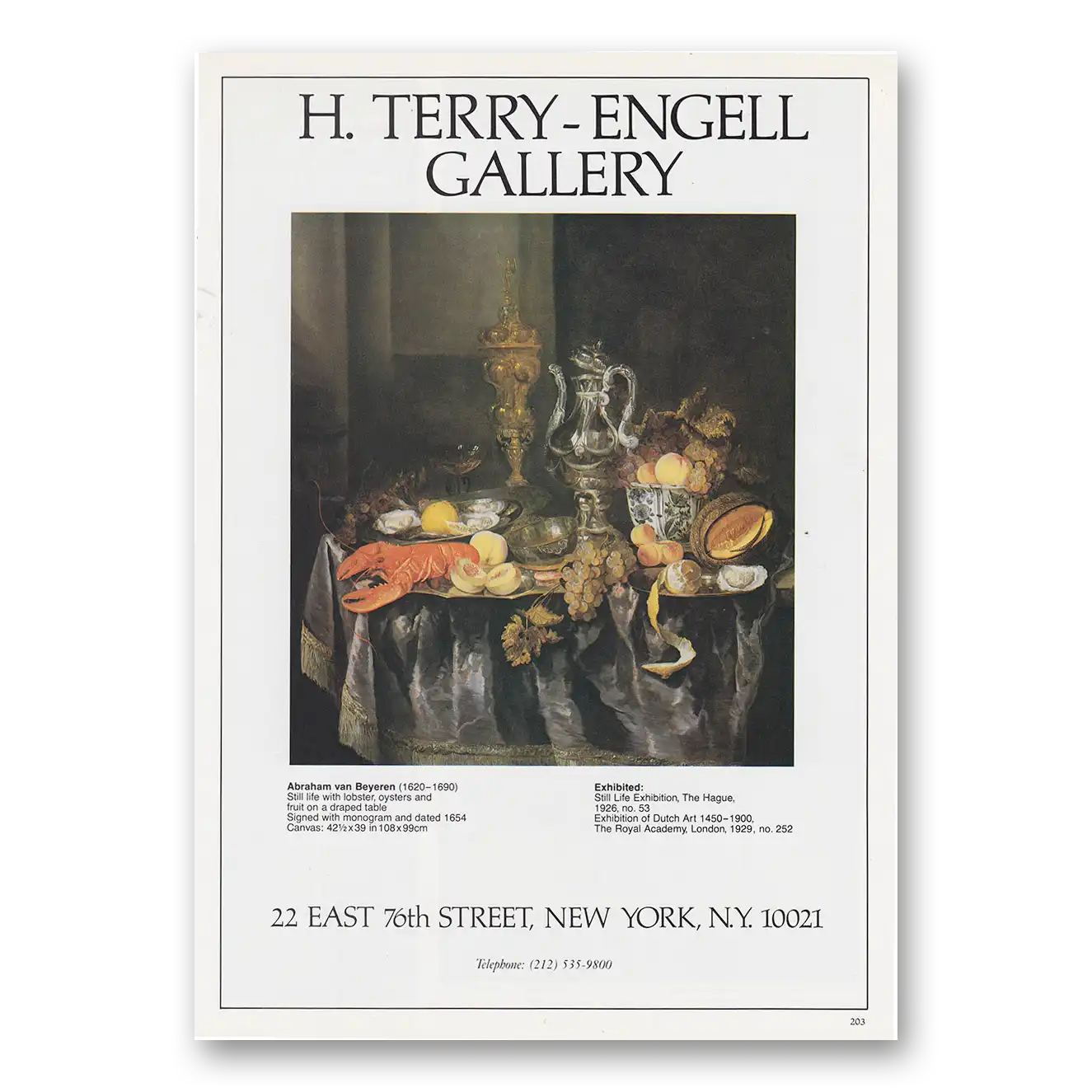 1982 H Terry Engell Gallery Abraham van Beyeren Exhibit Vintage Magazine Print Ad