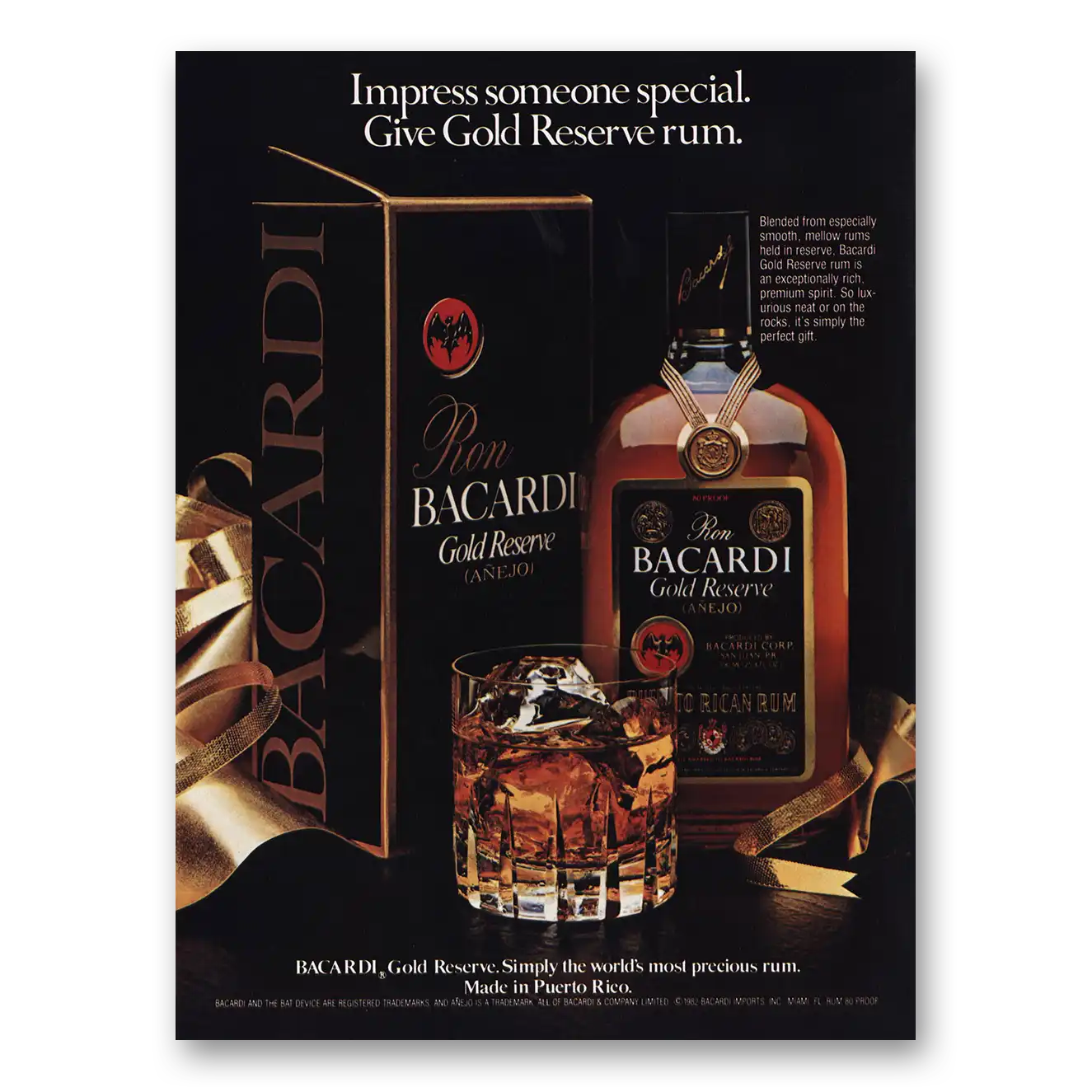 1982 Bacardi Gold Reserve Impress Someone Special Vintage Magazine Print Ad