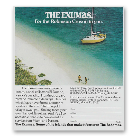 1982 Exumas Bahamas For the Robinson Crusoe In You Vintage Magazine Print Ad