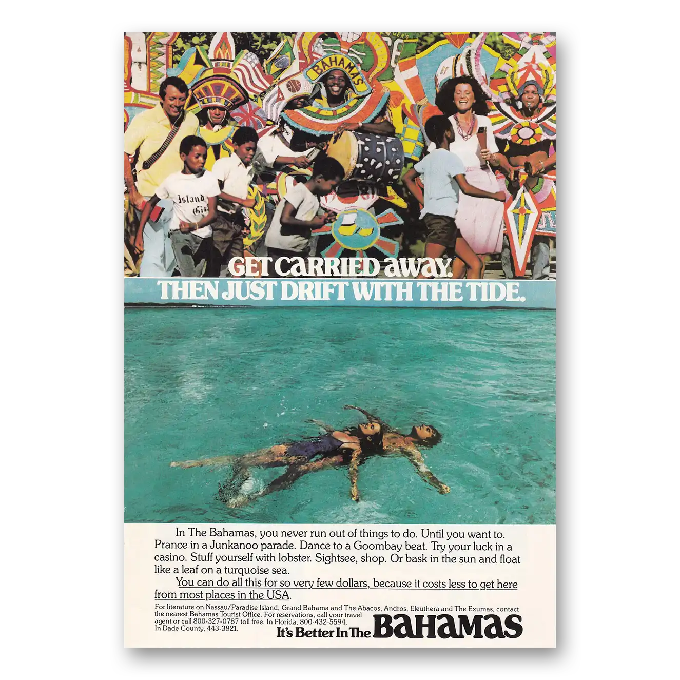 1982 Bahamas Just Drift With the Tide Vintage Magazine Print Ad