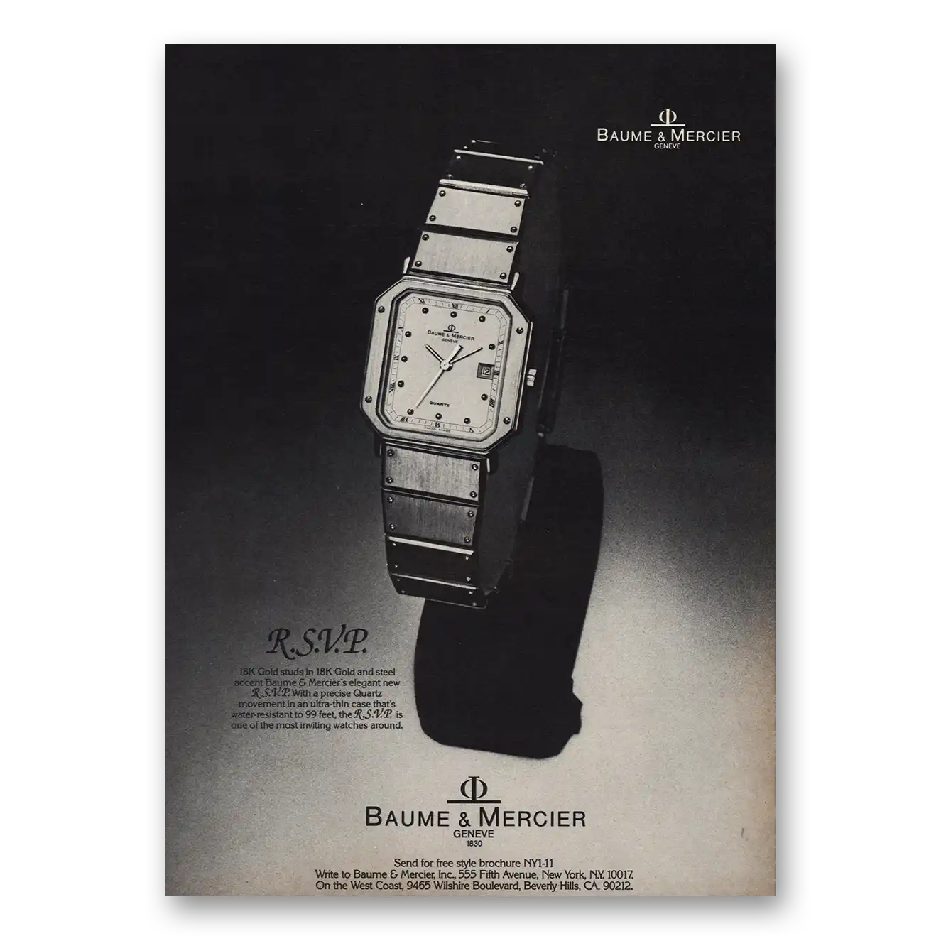 1982 Baume & Mercier Watches RSVP Vintage Magazine Print Ad