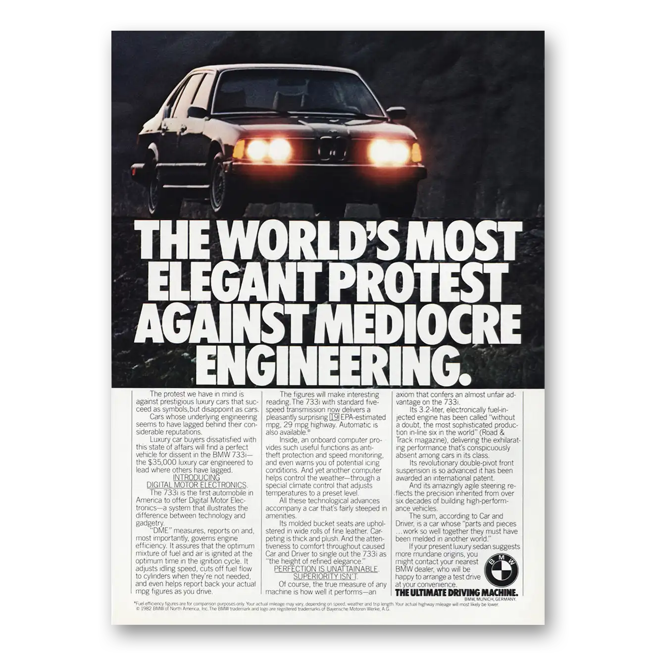 1982 BMW 7 Series Most Elegant Protest Against Mediocre Vintage Magazine Print Ad