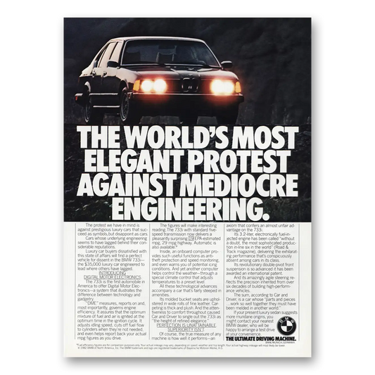 1982 BMW 7 Series Most Elegant Protest Against Mediocre Vintage Magazine Print Ad