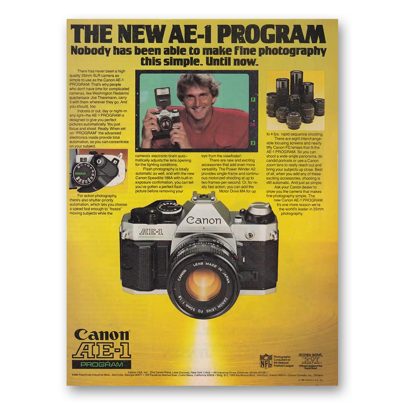 1982 Canon Camera AE1 Camera Joe Theismann Vintage Magazine Print Ad