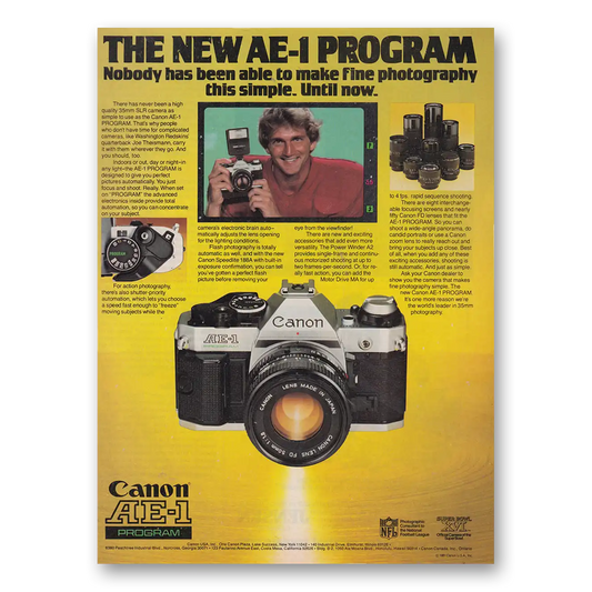 1982 Canon Camera AE1 Camera Joe Theismann Vintage Magazine Print Ad