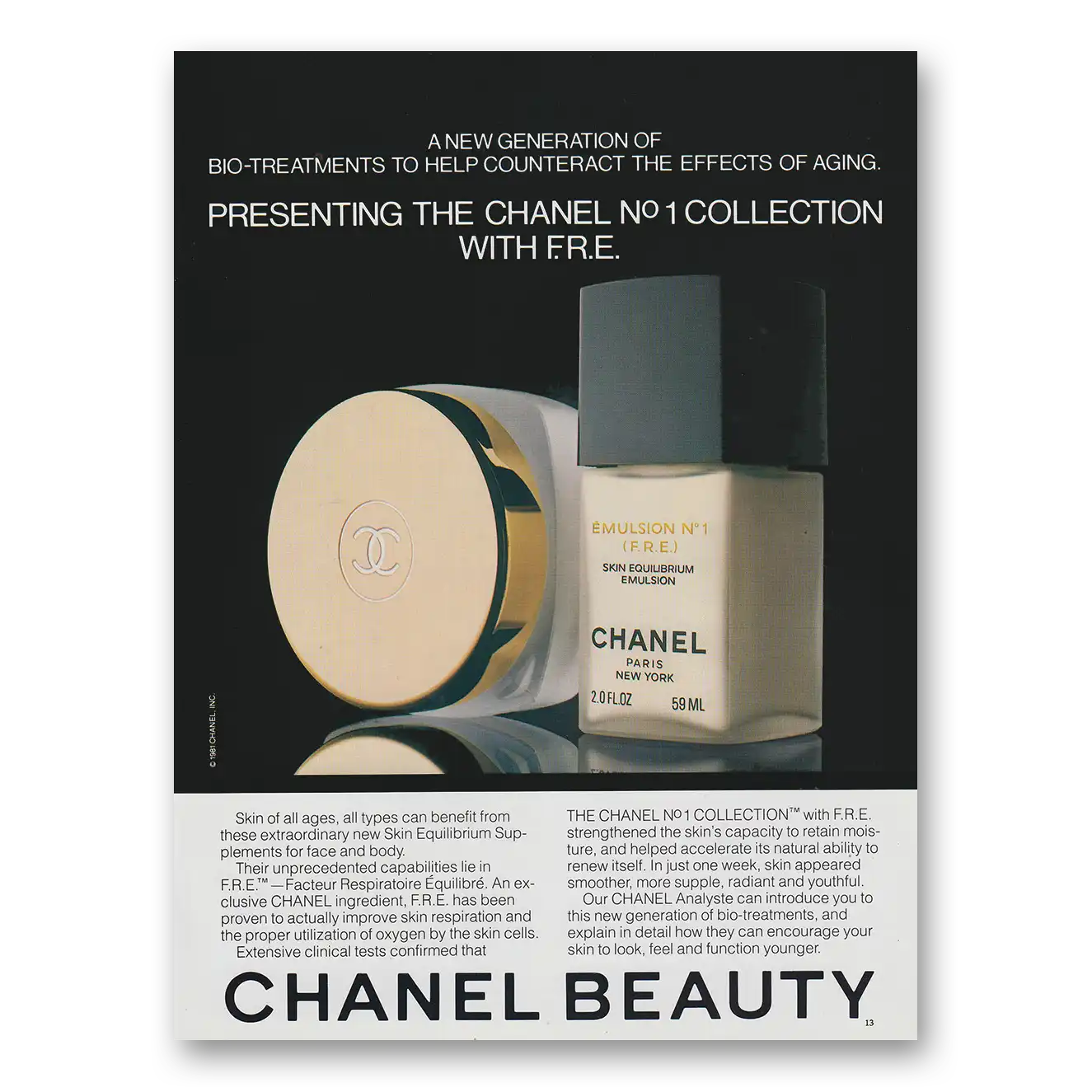 1982 Chanel Beauty No 1 Collection Bio Treatments to Help Counteract Vintage Magazine Print Ad