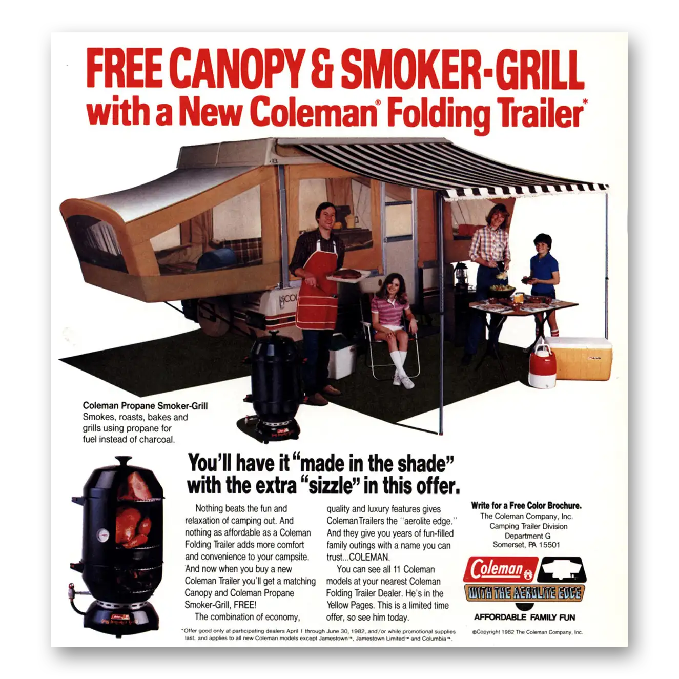 1982 Coleman Camping Trailers Folding Trailer Canopy and Smoker Grill Vintage Magazine Print Ad