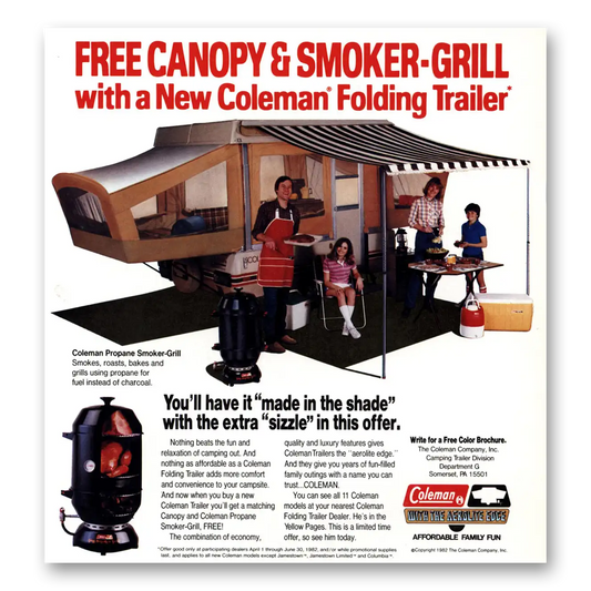 1982 Coleman Camping Trailers Folding Trailer Canopy and Smoker Grill Vintage Magazine Print Ad