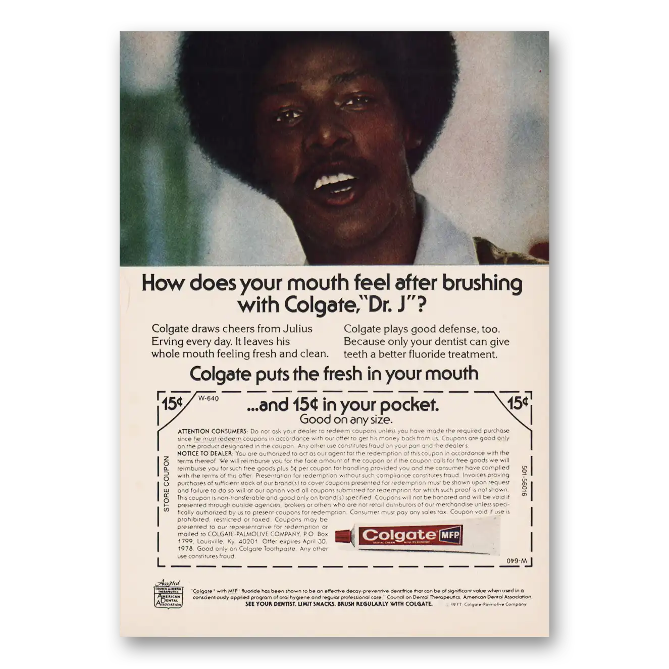 1982 Colgate Toothpaste Mouth Feel After Brushing Dr J Vintage Magazine Print Ad