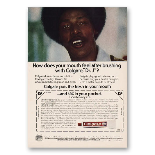 1982 Colgate Toothpaste Mouth Feel After Brushing Dr J Vintage Magazine Print Ad